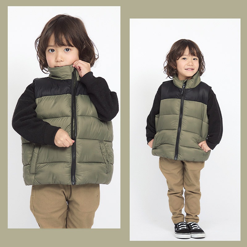 キッズ 中綿ベスト 男の子 女の子 撥水加工 洗える ポケット付 中綿アウター 中わた入り 軽量 フード無し 袖無し 【GrinLab グリンラボ】 アウトドア 保温 防寒 防寒着 ナイロン 冬服 あたたかい 暖かい 軽い 雨具 通園 通学 切替 ロゴ 90 100 110 120 130 140 150 160