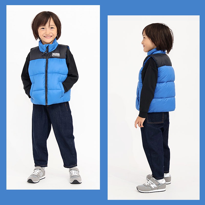 キッズ 中綿ベスト 男の子 女の子 撥水加工 洗える ポケット付 中綿アウター 中わた入り 軽量 フード無し 袖無し 【GrinLab グリンラボ】 アウトドア 保温 防寒 防寒着 ナイロン 冬服 あたたかい 暖かい 軽い 雨具 通園 通学 切替 ロゴ 90 100 110 120 130 140 150 160