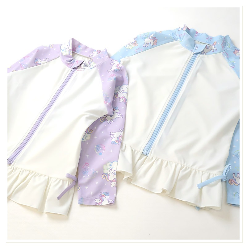 ラッシュガード 長袖  女の子 子供 水着 フルジップ フラワー ドット UV加工 UPF50＋ ( 100-130cm ) ガールズ キッズ スイムウェア UVカット 花柄 水玉 ユニコーン 無地 可愛い プール スイミング 夏 100cm 110cm 120cm 130cm 海 レジャー 紫外線予防