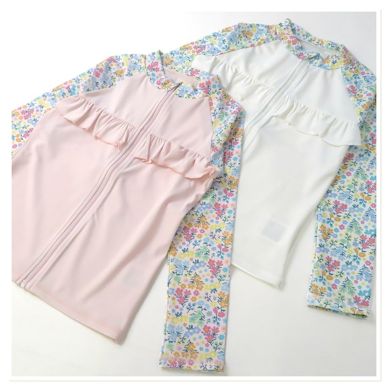 ラッシュガード 長袖  女の子 子供 水着 フルジップ フラワー ドット UV加工 UPF50＋ ( 100-130cm ) ガールズ キッズ スイムウェア UVカット 花柄 水玉 ユニコーン 無地 可愛い プール スイミング 夏 100cm 110cm 120cm 130cm 海 レジャー 紫外線予防