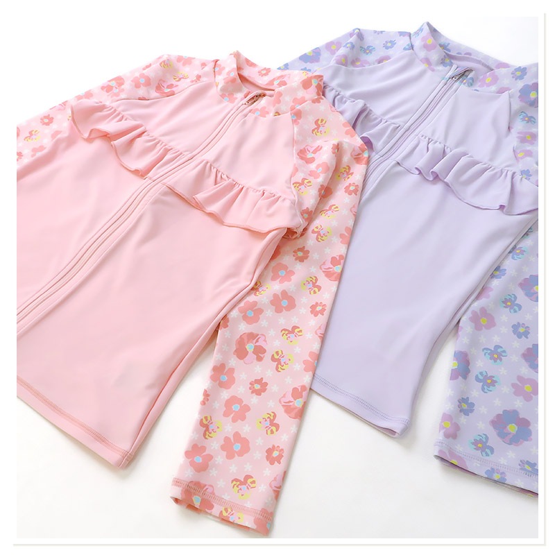 ラッシュガード 長袖  女の子 子供 水着 フルジップ フラワー ドット UV加工 UPF50＋ ( 100-130cm ) ガールズ キッズ スイムウェア UVカット 花柄 水玉 ユニコーン 無地 可愛い プール スイミング 夏 100cm 110cm 120cm 130cm 海 レジャー 紫外線予防