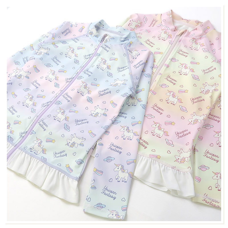 ラッシュガード 長袖  女の子 子供 水着 フルジップ フラワー ドット UV加工 UPF50＋ ( 100-130cm ) ガールズ キッズ スイムウェア UVカット 花柄 水玉 ユニコーン 無地 可愛い プール スイミング 夏 100cm 110cm 120cm 130cm 海 レジャー 紫外線予防