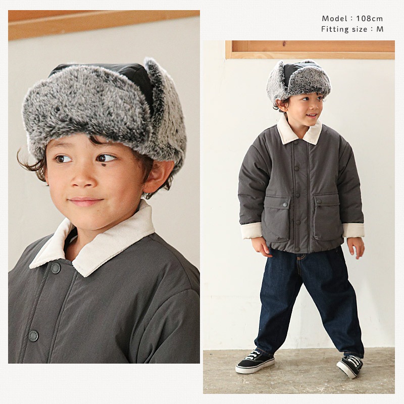 キッズ フライトキャップ 帽子 耳当て付き 男の子 女の子 キャップ 子供用 帽子 (52-54cm)【GrinLab グリンラボ】 撥水 フェイクファー イヤーフラップ パイロットキャップ ロゴ 配色 ミリタリー 暖かい 防寒 保温 キャップ ボーイズ ガールズ 暖かい 雪遊び
