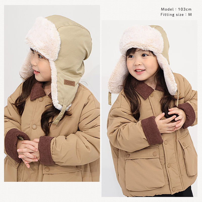 キッズ フライトキャップ 帽子 耳当て付き 男の子 女の子 キャップ 子供用 帽子 (52-54cm)【GrinLab グリンラボ】 撥水 フェイクファー イヤーフラップ パイロットキャップ ロゴ 配色 ミリタリー 暖かい 防寒 保温 キャップ ボーイズ ガールズ 暖かい 雪遊び