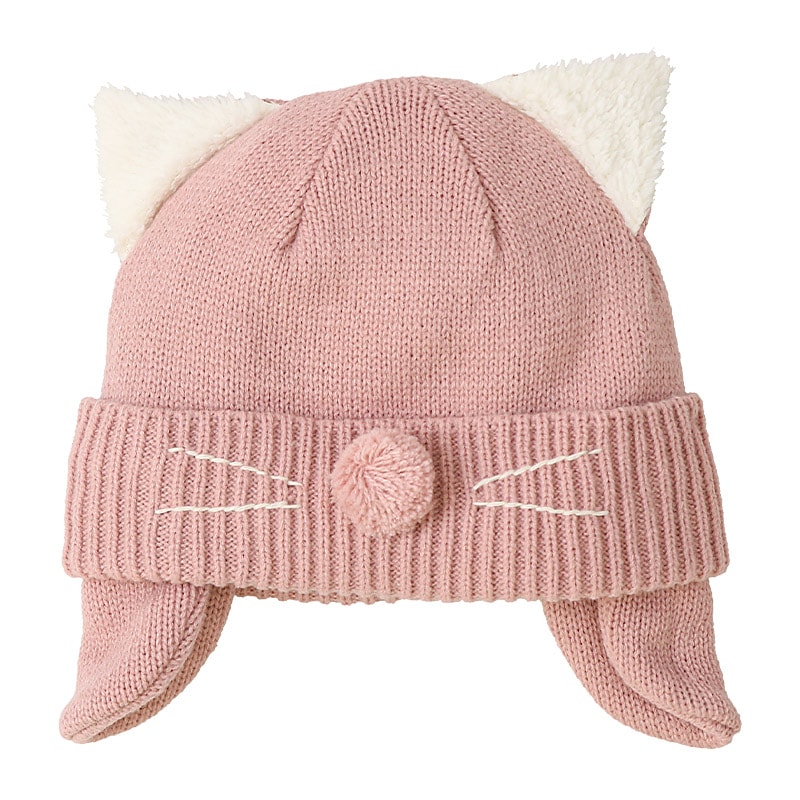 キッズ ベビー ニット帽 耳当て付き ねこ耳 女の子 ニットキャップ 子供用 帽子 (2サイズ展開 50-54cm)【GrinLab グリンラボ】 マイクロファイバーフリース アニマル 動物 ネコ 猫 猫耳 配色 暖かい 防寒 保温 キャップ 暖かい 雪遊び ピンク ラベンダー