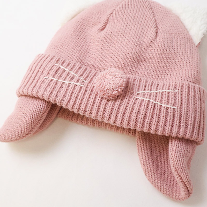 キッズ ベビー ニット帽 耳当て付き ねこ耳 女の子 ニットキャップ 子供用 帽子 (2サイズ展開 50-54cm)【GrinLab グリンラボ】 マイクロファイバーフリース アニマル 動物 ネコ 猫 猫耳 配色 暖かい 防寒 保温 キャップ 暖かい 雪遊び ピンク ラベンダー