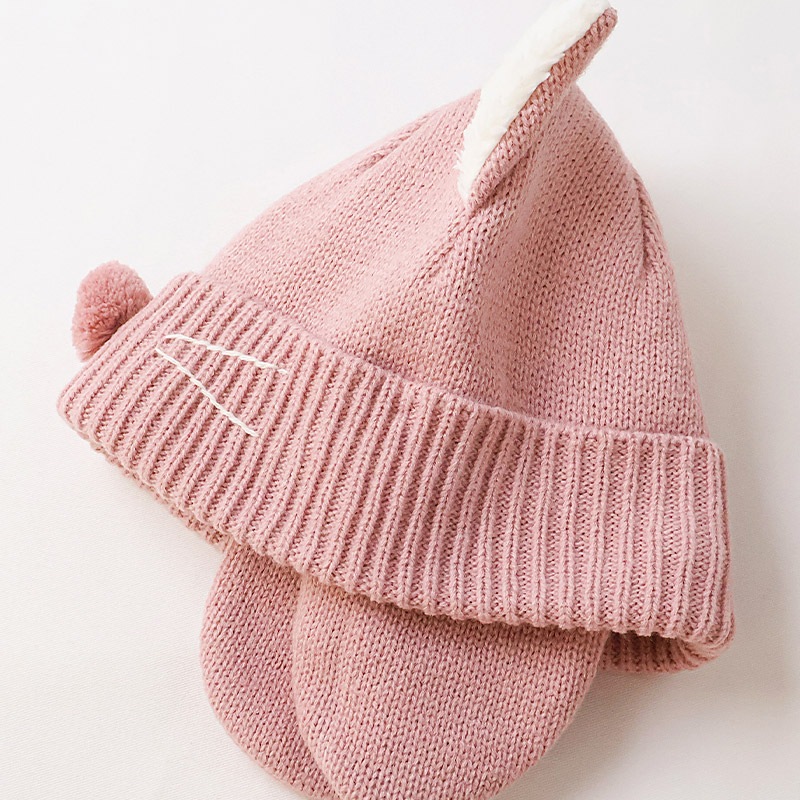 キッズ ベビー ニット帽 耳当て付き ねこ耳 女の子 ニットキャップ 子供用 帽子 (2サイズ展開 50-54cm)【GrinLab グリンラボ】 マイクロファイバーフリース アニマル 動物 ネコ 猫 猫耳 配色 暖かい 防寒 保温 キャップ 暖かい 雪遊び ピンク ラベンダー