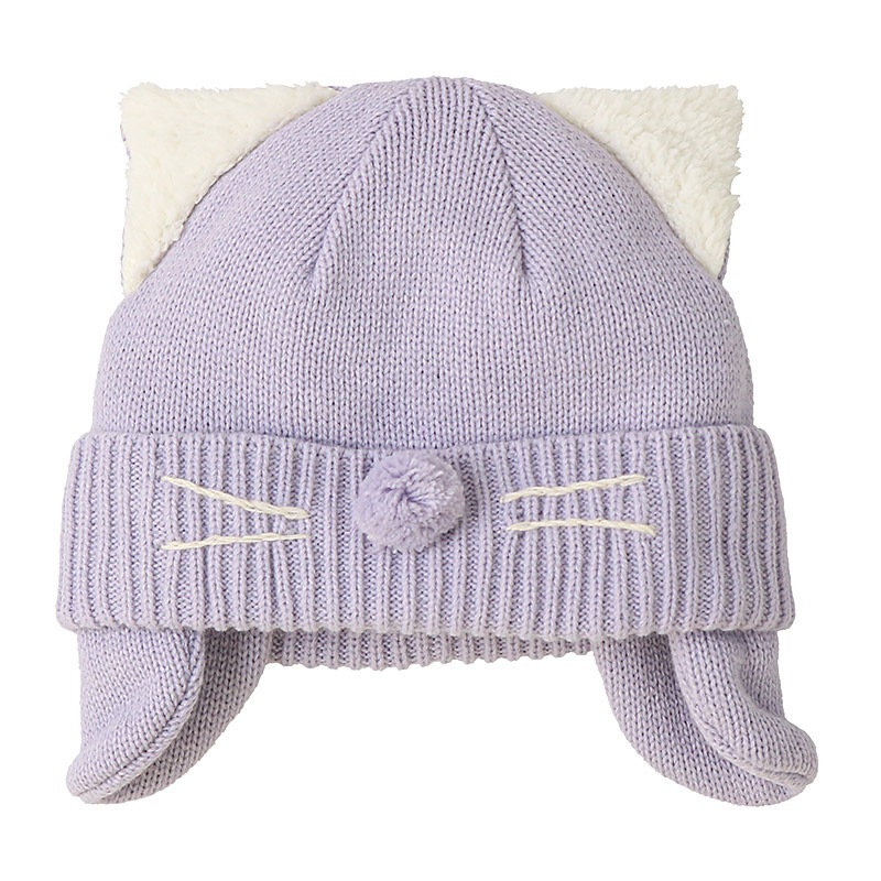 キッズ ベビー ニット帽 耳当て付き ねこ耳 女の子 ニットキャップ 子供用 帽子 (2サイズ展開 50-54cm)【GrinLab グリンラボ】 マイクロファイバーフリース アニマル 動物 ネコ 猫 猫耳 配色 暖かい 防寒 保温 キャップ 暖かい 雪遊び ピンク ラベンダー