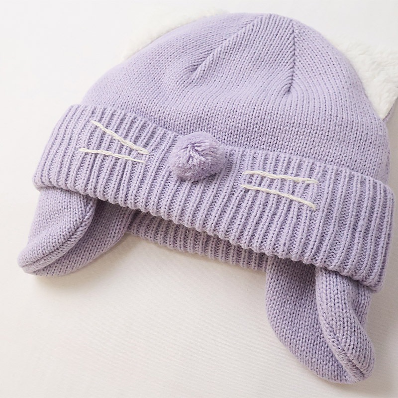 キッズ ベビー ニット帽 耳当て付き ねこ耳 女の子 ニットキャップ 子供用 帽子 (2サイズ展開 50-54cm)【GrinLab グリンラボ】 マイクロファイバーフリース アニマル 動物 ネコ 猫 猫耳 配色 暖かい 防寒 保温 キャップ 暖かい 雪遊び ピンク ラベンダー