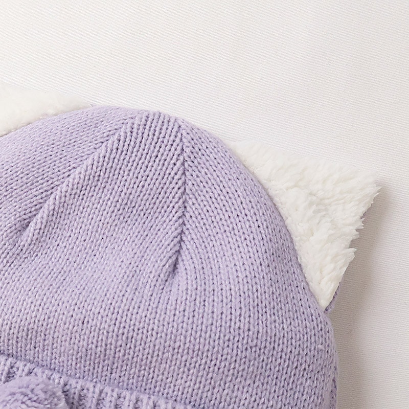 キッズ ベビー ニット帽 耳当て付き ねこ耳 女の子 ニットキャップ 子供用 帽子 (2サイズ展開 50-54cm)【GrinLab グリンラボ】 マイクロファイバーフリース アニマル 動物 ネコ 猫 猫耳 配色 暖かい 防寒 保温 キャップ 暖かい 雪遊び ピンク ラベンダー