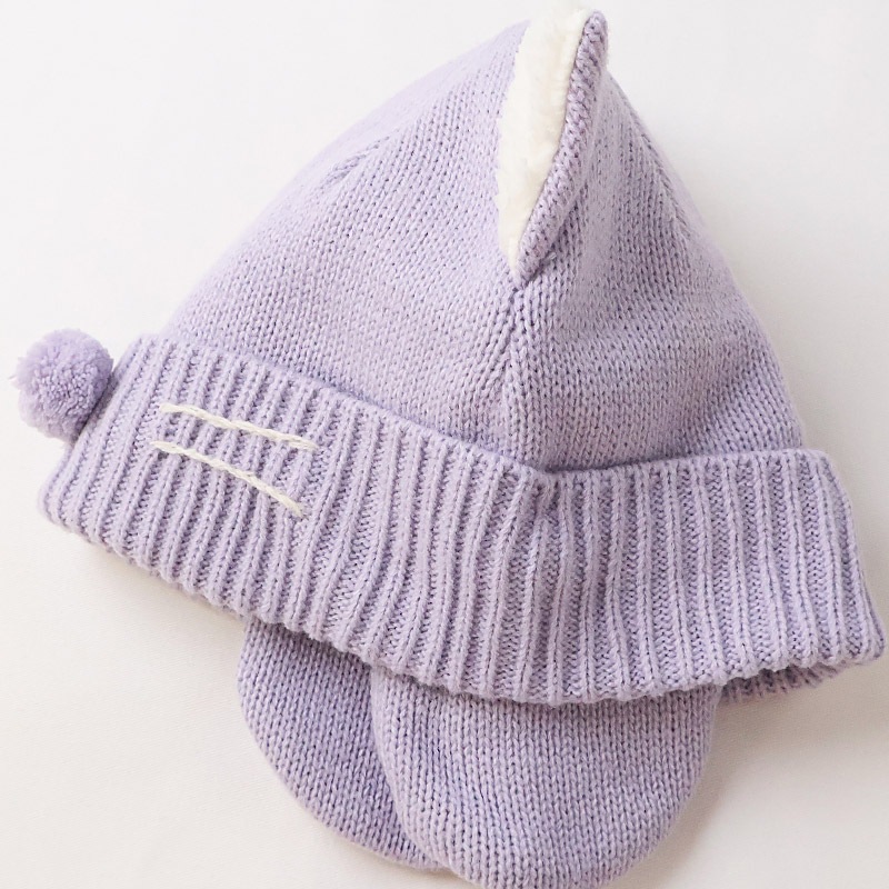 キッズ ベビー ニット帽 耳当て付き ねこ耳 女の子 ニットキャップ 子供用 帽子 (2サイズ展開 50-54cm)【GrinLab グリンラボ】 マイクロファイバーフリース アニマル 動物 ネコ 猫 猫耳 配色 暖かい 防寒 保温 キャップ 暖かい 雪遊び ピンク ラベンダー