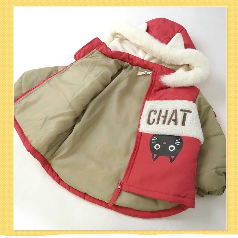 コート ベビー 中綿 ジャケット フード付き 耳付き 女の子 あったか 防寒 撥水加工 ( 80-95cm )【 UZUCHAT ウズチャット 】 ブルゾン スノーウェア スキーウェア ねこ 猫 ネコ 猫耳 雪遊び 冬 うさぎ 子供服 子供用 こども 80cm 90cm 95cm
