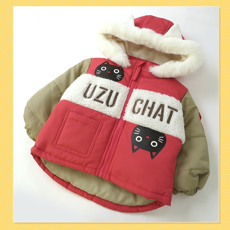 コート キッズ 中綿 ジャケット フード付き 耳付き 女の子 あったか 防寒 撥水加工 ( 100-130cm )【 UZUCHAT ウズチャット 】 ウィンドブレーカー スノーウェア スキーウェア ねこ 猫 ネコ 雪遊び 冬 ベビー 100cm 110cm 120cm 130cm