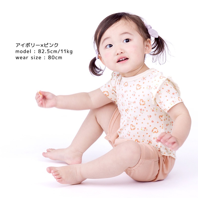 ベビー服 カバーオール 重ね着風 セパレート デザイン 花 ハート 半袖 ロンパース ( 70-80cm ) 子供服 ベビー キッズ 女の子 新生児 可愛い 70cm 80cm