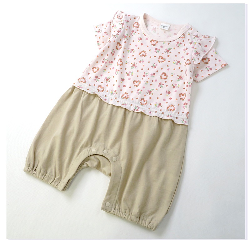 ベビー服 カバーオール 重ね着風 セパレート デザイン 花 ハート 半袖 ロンパース ( 70-80cm ) 子供服 ベビー キッズ 女の子 新生児 可愛い 70cm 80cm