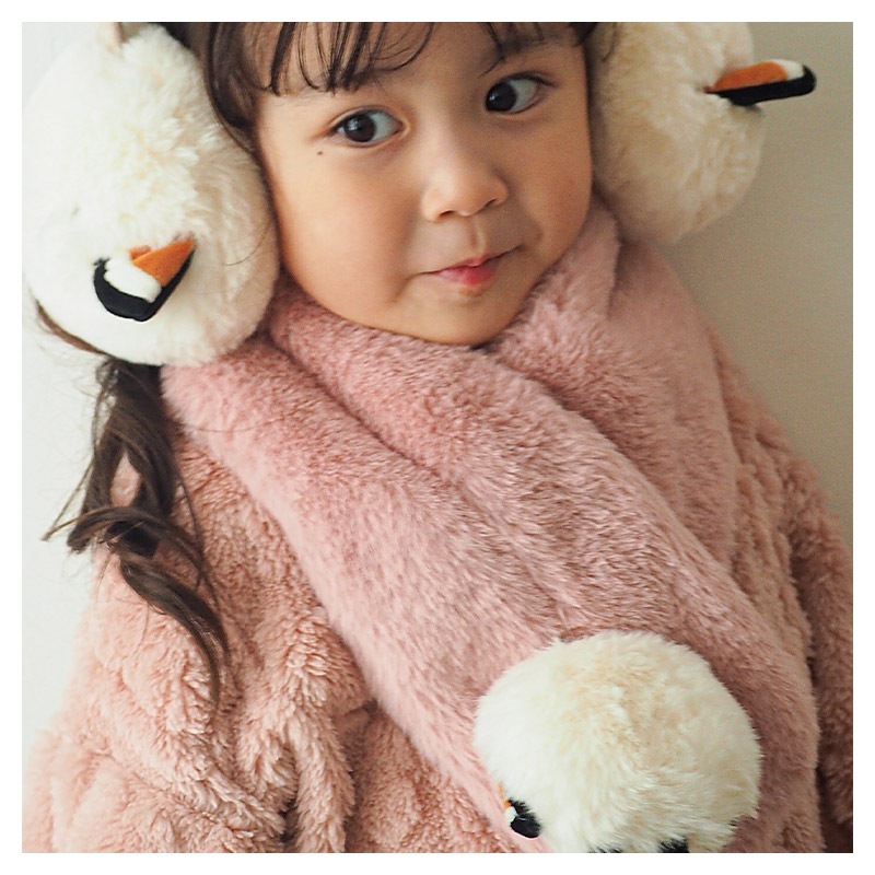 キッズ ファーマフラー 女の子 ネコ シマエナガ 動物 アニマル ぬいぐるみ付き 【 GrinLab グリンラボ 】 子供服 マフラー ストール グレー アイボリー ベージュ ピンク 暖かい あったか 防寒 保温 雑貨 差し込み ボリューム ボア ボタン ネックウォーマー ガールズ