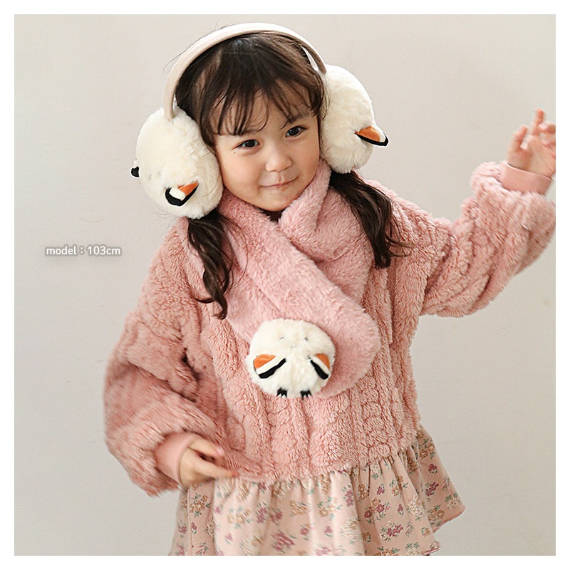 キッズ ファーマフラー 女の子 ネコ シマエナガ 動物 アニマル ぬいぐるみ付き 【 GrinLab グリンラボ 】 子供服 マフラー ストール グレー アイボリー ベージュ ピンク 暖かい あったか 防寒 保温 雑貨 差し込み ボリューム ボア ボタン ネックウォーマー ガールズ