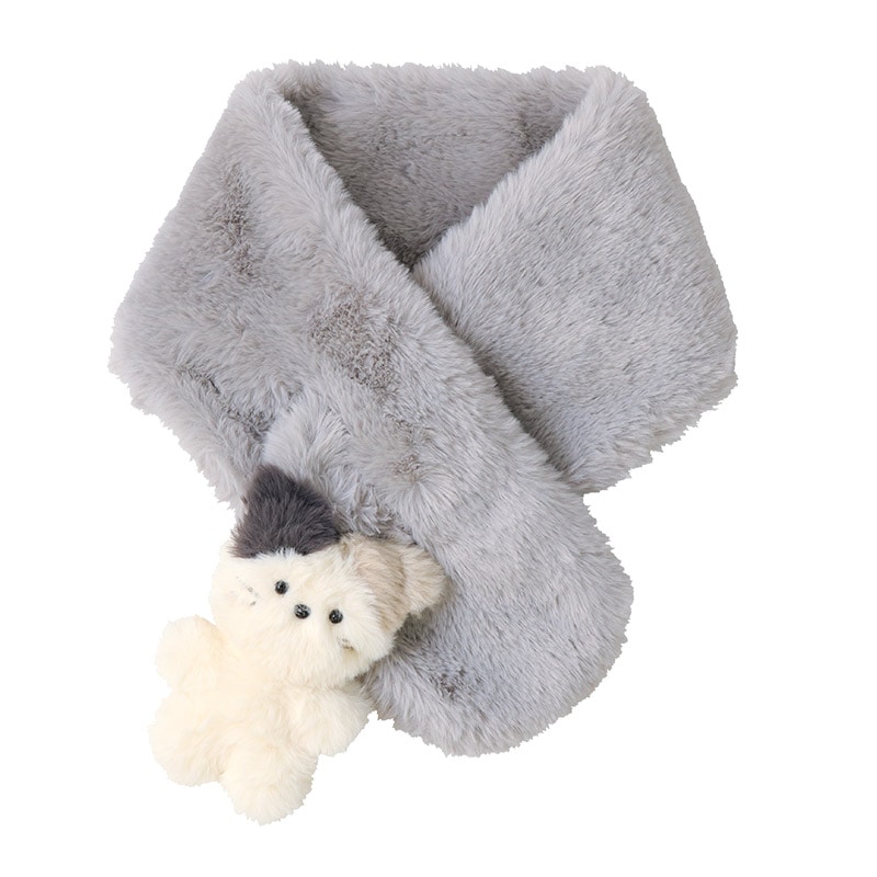 キッズ ファーマフラー 女の子 ネコ シマエナガ 動物 アニマル ぬいぐるみ付き 【 GrinLab グリンラボ 】 子供服 マフラー ストール グレー アイボリー ベージュ ピンク 暖かい あったか 防寒 保温 雑貨 差し込み ボリューム ボア ボタン ネックウォーマー ガールズ