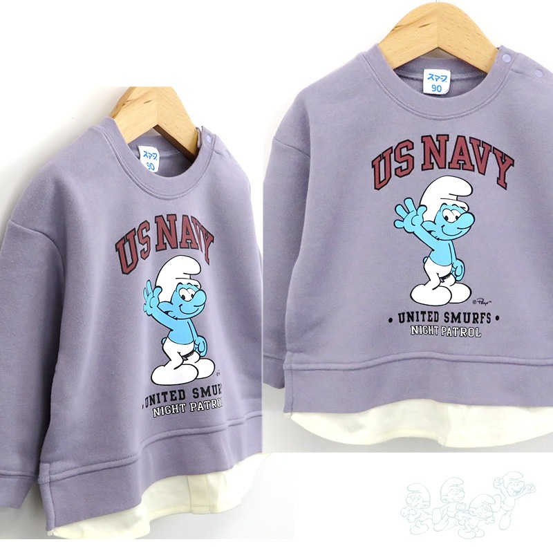 子供服 スマーフ トレーナー 裏起毛 キッズ 重ね着風 トップス プリント 長袖 ( 80-130 ) 【SMURFS】 男の子 女の子 キッズ ベビー アニメ キャラクター 冬物 80cm 90cm 95cm 100cm 110cm 120cm 130cm 通園 通学