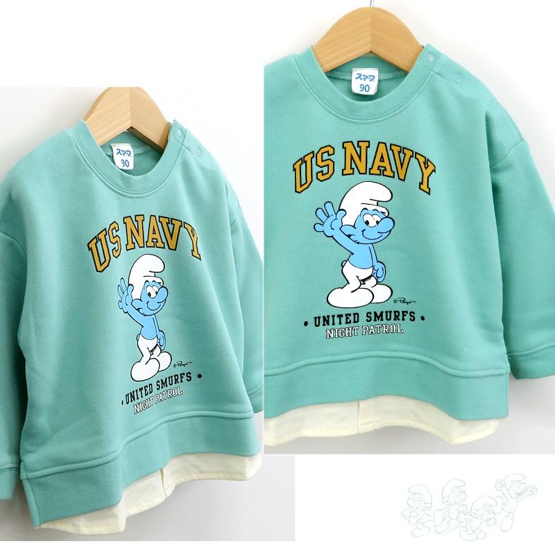 子供服 スマーフ トレーナー 裏起毛 キッズ 重ね着風 トップス プリント 長袖 ( 80-130 ) 【SMURFS】 男の子 女の子 キッズ ベビー アニメ キャラクター 冬物 80cm 90cm 95cm 100cm 110cm 120cm 130cm 通園 通学