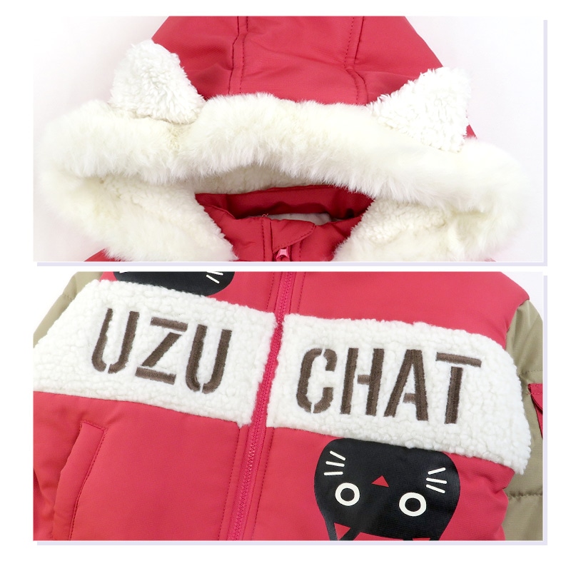 ジャンプスーツ ベビー 女の子 防寒 中綿 撥水加工 フード ( 80-100cm )【 UZUCHAT ウズチャット 】 アウター ジャケット スノーウェア スキーウェア スノーコンビ つなぎ 雪遊び 冬 猫 ねこ キャット 子供服 キッズ 80cm 90cm 95cm 100cm