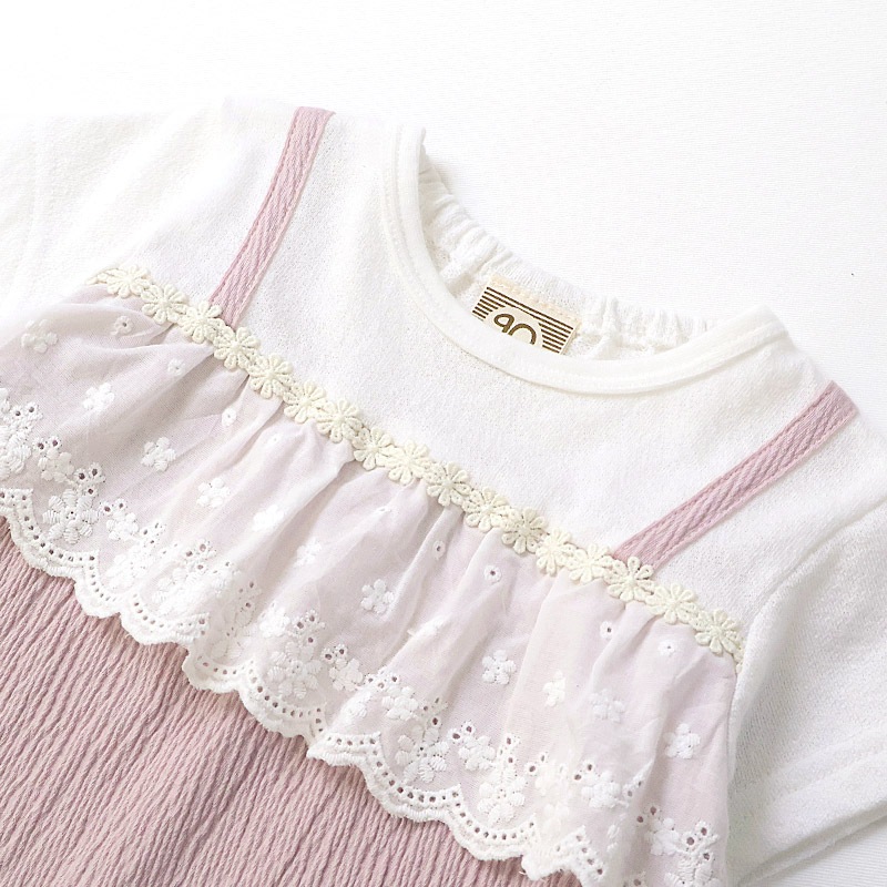 ガールズ Tシャツ 半袖 花柄 レース 重ね着風 女の子 キッズ ベビー チャーム付【UZULAND ウズランド】半袖Tシャツ レーストップス 切り替え ティーシャツ カットソー チュニック フリル フラワー 花 ピンク ベージュ 女子 80 90 95 100 110 120 130