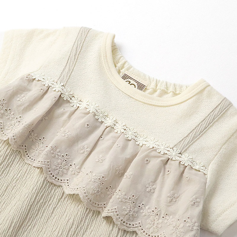 ガールズ Tシャツ 半袖 花柄 レース 重ね着風 女の子 キッズ ベビー チャーム付【UZULAND ウズランド】半袖Tシャツ レーストップス 切り替え ティーシャツ カットソー チュニック フリル フラワー 花 ピンク ベージュ 女子 80 90 95 100 110 120 130