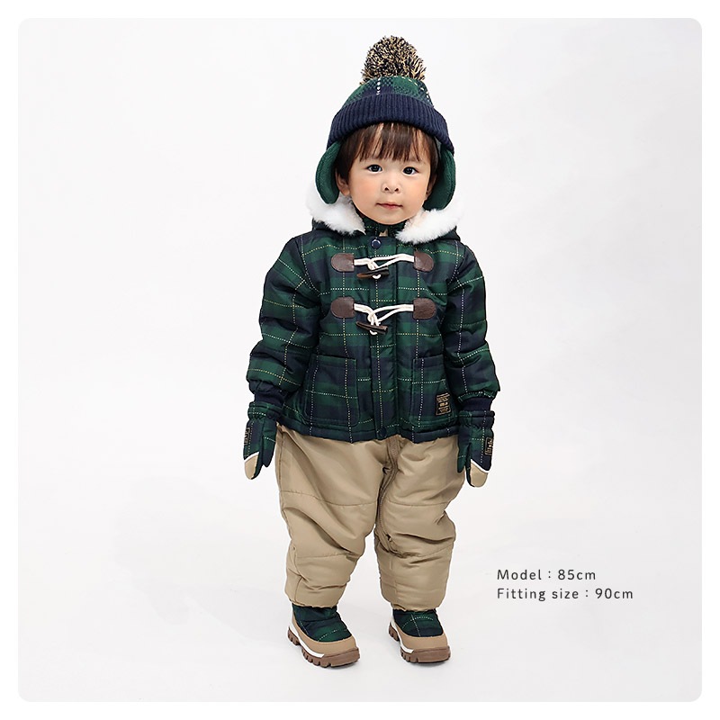 ジャンプスーツ ベビー キッズ 男の子 女の子 中綿入り 防寒 保温 撥水加工 ( 80-100cm )【 GrinLab グリンラボ 】 ファー付き フード アウター ジャケット スノーウェア スキーウェア スノーコンビ つなぎ 雪遊び ダッフルコート トグルボタン 総柄 80cm 90cm 95cm 100cm