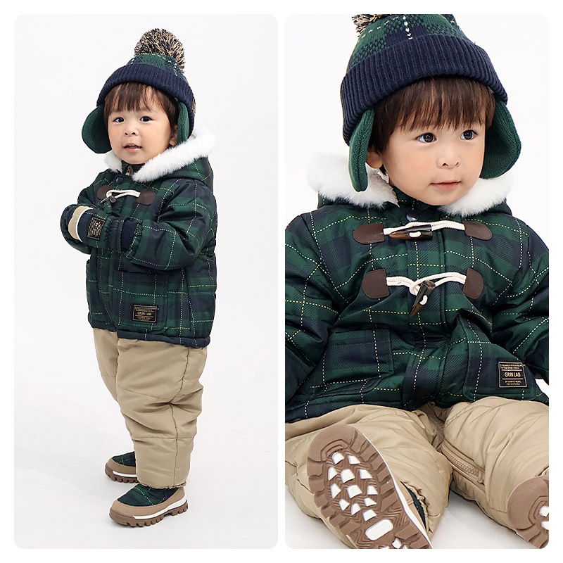 ジャンプスーツ ベビー キッズ 男の子 女の子 中綿入り 防寒 保温 撥水加工 ( 80-100cm )【 GrinLab グリンラボ 】 ファー付き フード アウター ジャケット スノーウェア スキーウェア スノーコンビ つなぎ 雪遊び ダッフルコート トグルボタン 総柄 80cm 90cm 95cm 100cm