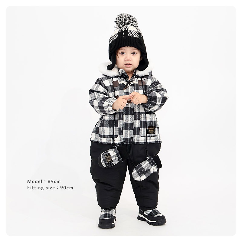 ジャンプスーツ ベビー キッズ 男の子 女の子 中綿入り 防寒 保温 撥水加工 ( 80-100cm )【 GrinLab グリンラボ 】 ファー付き フード アウター ジャケット スノーウェア スキーウェア スノーコンビ つなぎ 雪遊び ダッフルコート トグルボタン 総柄 80cm 90cm 95cm 100cm