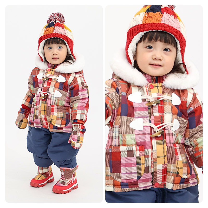 ジャンプスーツ ベビー キッズ 男の子 女の子 中綿入り 防寒 保温 撥水加工 ( 80-100cm )【 GrinLab グリンラボ 】 ファー付き フード アウター ジャケット スノーウェア スキーウェア スノーコンビ つなぎ 雪遊び ダッフルコート トグルボタン 総柄 80cm 90cm 95cm 100cm