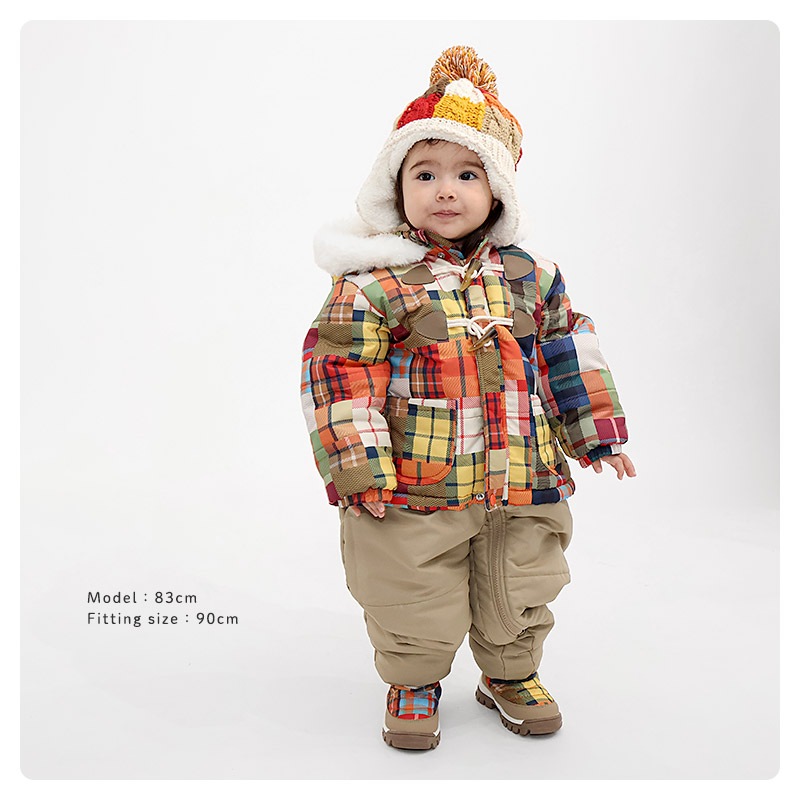 ジャンプスーツ ベビー キッズ 男の子 女の子 中綿入り 防寒 保温 撥水加工 ( 80-100cm )【 GrinLab グリンラボ 】 ファー付き フード アウター ジャケット スノーウェア スキーウェア スノーコンビ つなぎ 雪遊び ダッフルコート トグルボタン 総柄 80cm 90cm 95cm 100cm