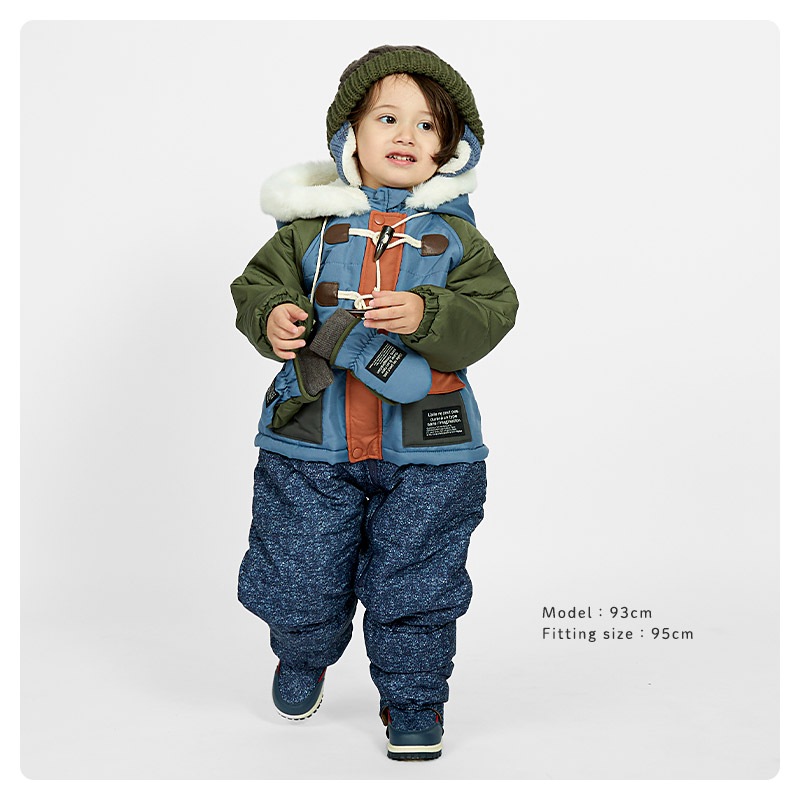 ジャンプスーツ ベビー キッズ 男の子 女の子 中綿入り 防寒 保温 撥水加工 ( 80-100cm )【 GrinLab グリンラボ 】 ファー付き フード アウター ジャケット スノーウェア スキーウェア スノーコンビ つなぎ 雪遊び ダッフルコート トグルボタン 総柄 80cm 90cm 95cm 100cm