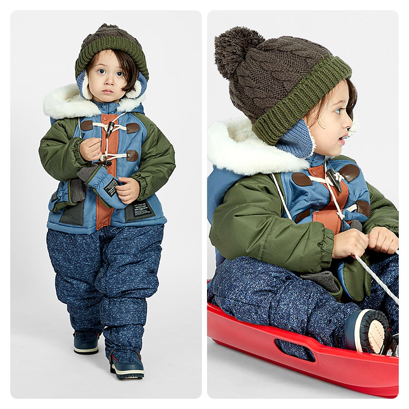 ジャンプスーツ ベビー キッズ 男の子 女の子 中綿入り 防寒 保温 撥水加工 ( 80-100cm )【 GrinLab グリンラボ 】 ファー付き フード アウター ジャケット スノーウェア スキーウェア スノーコンビ つなぎ 雪遊び ダッフルコート トグルボタン 総柄 80cm 90cm 95cm 100cm