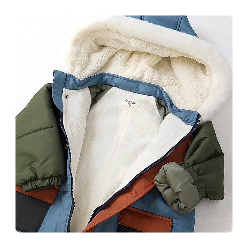 ジャンプスーツ ベビー キッズ 男の子 女の子 中綿入り 防寒 保温 撥水加工 ( 80-100cm )【 GrinLab グリンラボ 】 ファー付き フード アウター ジャケット スノーウェア スキーウェア スノーコンビ つなぎ 雪遊び ダッフルコート トグルボタン 総柄 80cm 90cm 95cm 100cm