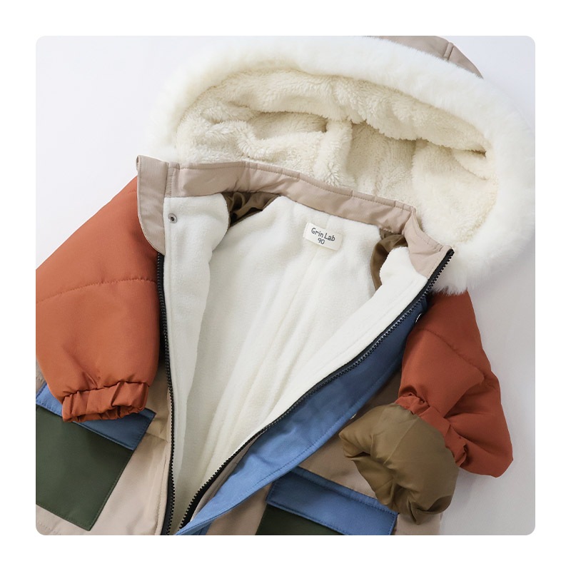 ジャンプスーツ ベビー キッズ 男の子 女の子 中綿入り 防寒 保温 撥水加工 ( 80-100cm )【 GrinLab グリンラボ 】 ファー付き フード アウター ジャケット スノーウェア スキーウェア スノーコンビ つなぎ 雪遊び ダッフルコート トグルボタン 総柄 80cm 90cm 95cm 100cm