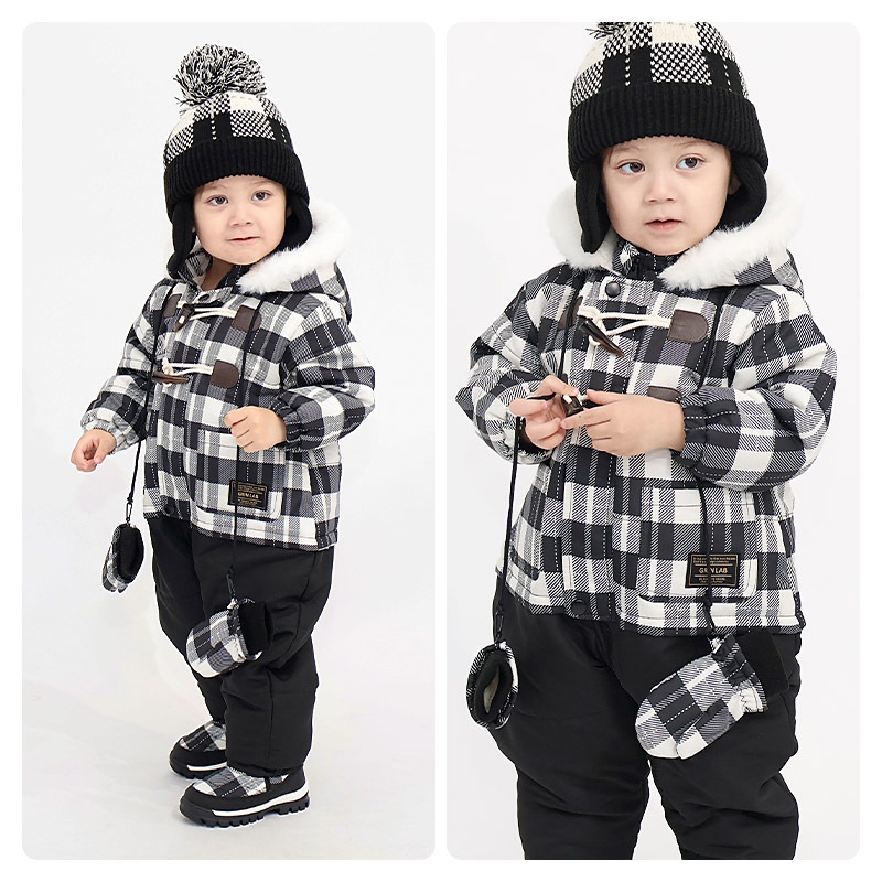 ジャンプスーツ ベビー キッズ 男の子 女の子 中綿入り 防寒 保温 撥水加工 ( 80-100cm )【 GrinLab グリンラボ 】 ファー付き フード アウター ジャケット スノーウェア スキーウェア スノーコンビ つなぎ 雪遊び ダッフルコート トグルボタン 総柄 80cm 90cm 95cm 100cm