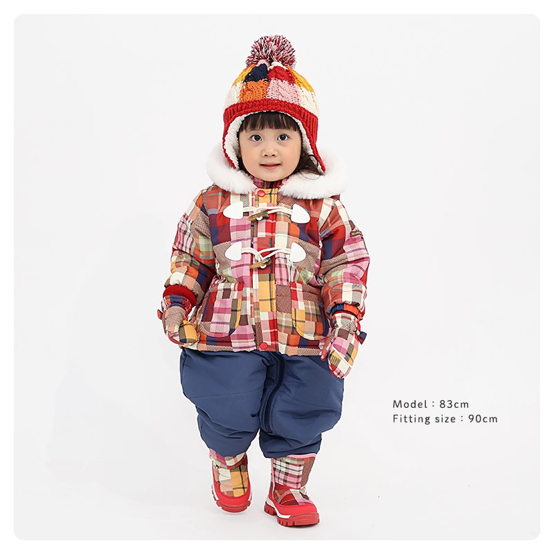 ジャンプスーツ ベビー キッズ 男の子 女の子 中綿入り 防寒 保温 撥水加工 ( 80-100cm )【 GrinLab グリンラボ 】 ファー付き フード アウター ジャケット スノーウェア スキーウェア スノーコンビ つなぎ 雪遊び ダッフルコート トグルボタン 総柄 80cm 90cm 95cm 100cm