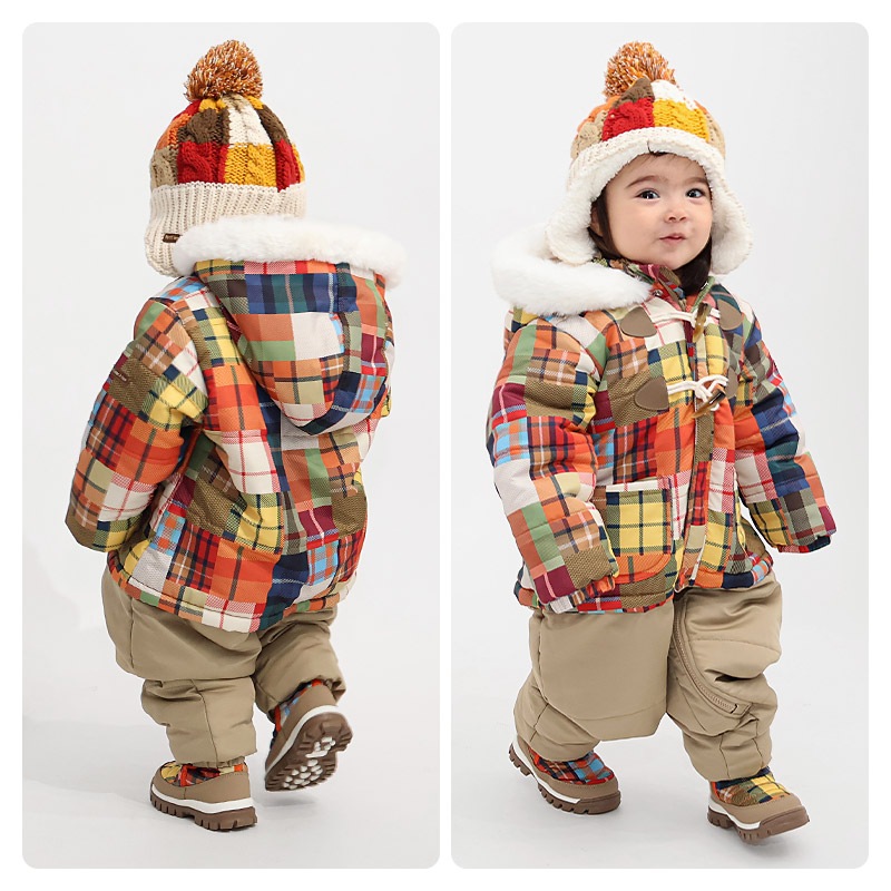 ジャンプスーツ ベビー キッズ 男の子 女の子 中綿入り 防寒 保温 撥水加工 ( 80-100cm )【 GrinLab グリンラボ 】 ファー付き フード アウター ジャケット スノーウェア スキーウェア スノーコンビ つなぎ 雪遊び ダッフルコート トグルボタン 総柄 80cm 90cm 95cm 100cm