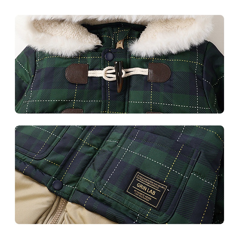 ジャンプスーツ ベビー キッズ 男の子 女の子 中綿入り 防寒 保温 撥水加工 ( 80-100cm )【 GrinLab グリンラボ 】 ファー付き フード アウター ジャケット スノーウェア スキーウェア スノーコンビ つなぎ 雪遊び ダッフルコート トグルボタン 総柄 80cm 90cm 95cm 100cm