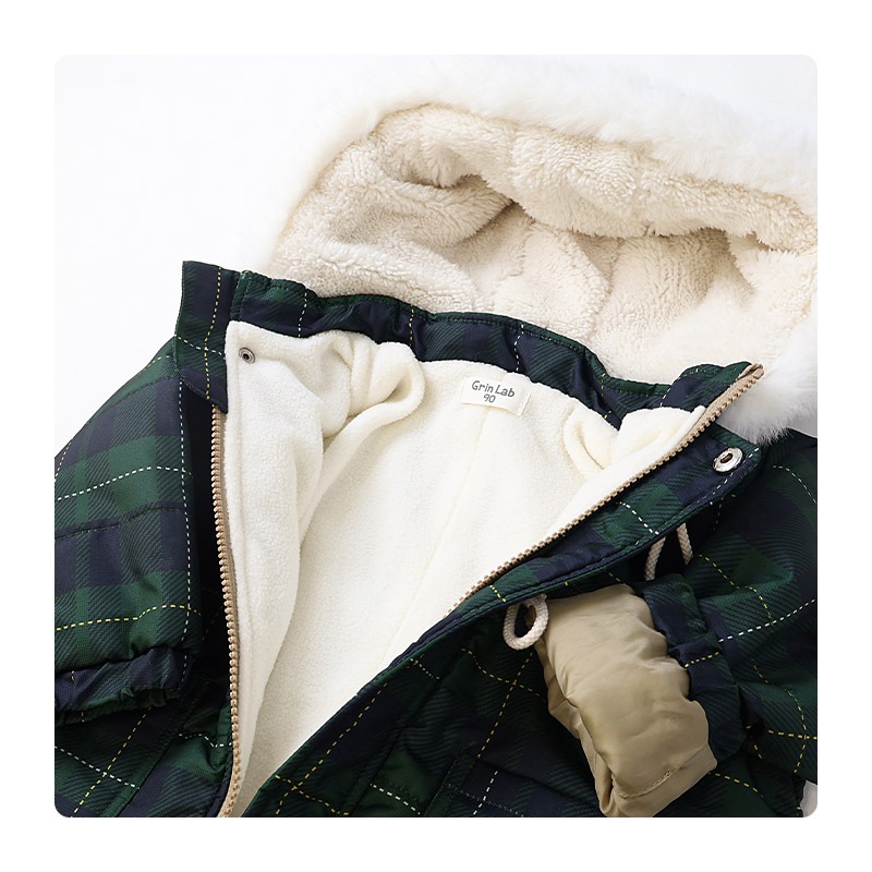 ジャンプスーツ ベビー キッズ 男の子 女の子 中綿入り 防寒 保温 撥水加工 ( 80-100cm )【 GrinLab グリンラボ 】 ファー付き フード アウター ジャケット スノーウェア スキーウェア スノーコンビ つなぎ 雪遊び ダッフルコート トグルボタン 総柄 80cm 90cm 95cm 100cm