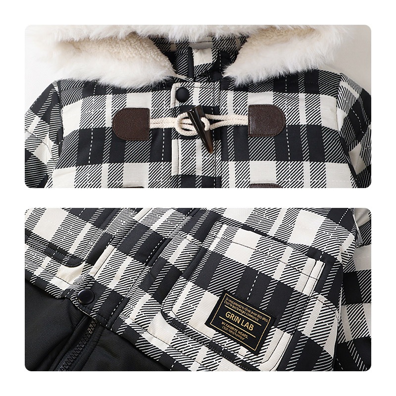 ジャンプスーツ ベビー キッズ 男の子 女の子 中綿入り 防寒 保温 撥水加工 ( 80-100cm )【 GrinLab グリンラボ 】 ファー付き フード アウター ジャケット スノーウェア スキーウェア スノーコンビ つなぎ 雪遊び ダッフルコート トグルボタン 総柄 80cm 90cm 95cm 100cm