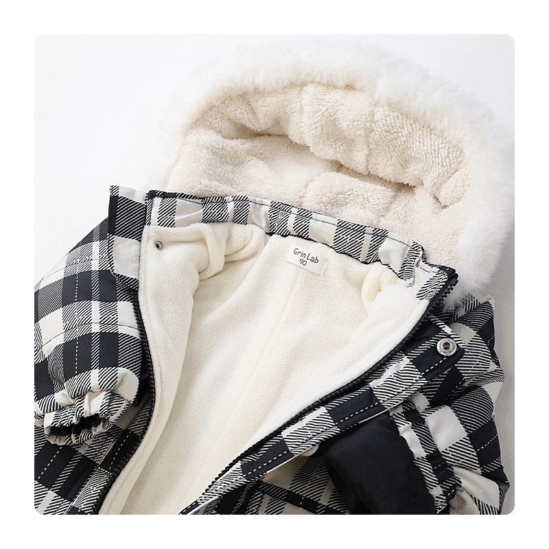 ジャンプスーツ ベビー キッズ 男の子 女の子 中綿入り 防寒 保温 撥水加工 ( 80-100cm )【 GrinLab グリンラボ 】 ファー付き フード アウター ジャケット スノーウェア スキーウェア スノーコンビ つなぎ 雪遊び ダッフルコート トグルボタン 総柄 80cm 90cm 95cm 100cm