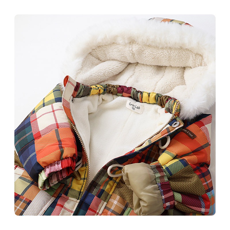 ジャンプスーツ ベビー キッズ 男の子 女の子 中綿入り 防寒 保温 撥水加工 ( 80-100cm )【 GrinLab グリンラボ 】 ファー付き フード アウター ジャケット スノーウェア スキーウェア スノーコンビ つなぎ 雪遊び ダッフルコート トグルボタン 総柄 80cm 90cm 95cm 100cm