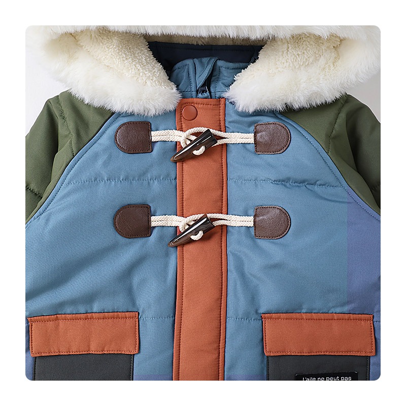 ジャンプスーツ ベビー キッズ 男の子 女の子 中綿入り 防寒 保温 撥水加工 ( 80-100cm )【 GrinLab グリンラボ 】 ファー付き フード アウター ジャケット スノーウェア スキーウェア スノーコンビ つなぎ 雪遊び ダッフルコート トグルボタン 総柄 80cm 90cm 95cm 100cm