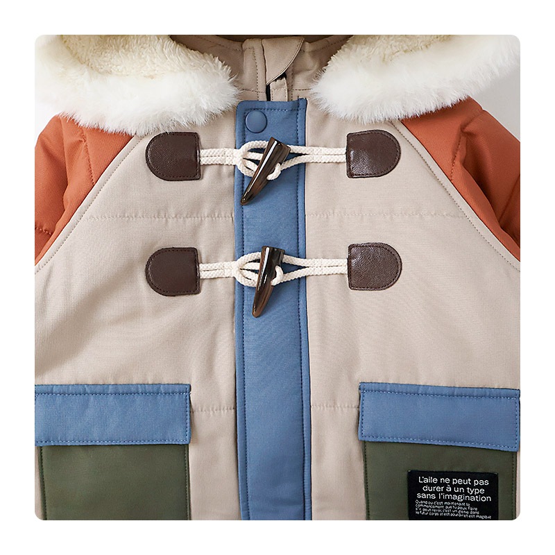 ジャンプスーツ ベビー キッズ 男の子 女の子 中綿入り 防寒 保温 撥水加工 ( 80-100cm )【 GrinLab グリンラボ 】 ファー付き フード アウター ジャケット スノーウェア スキーウェア スノーコンビ つなぎ 雪遊び ダッフルコート トグルボタン 総柄 80cm 90cm 95cm 100cm