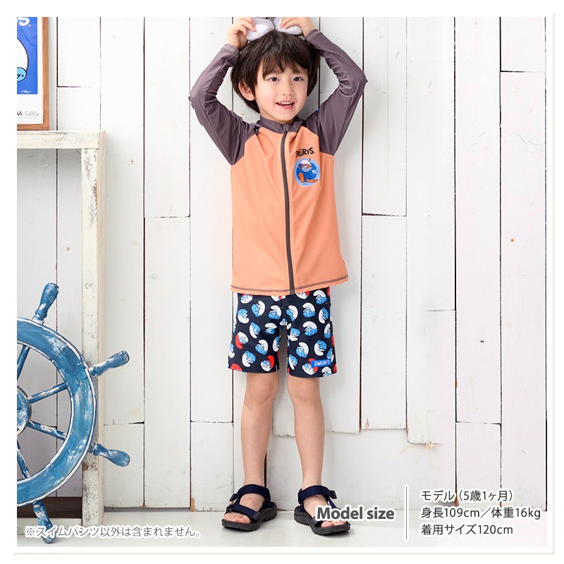 子供 水着 男の子 キッズ スマーフ ラッシュガード 半袖 UV加工 UPF50＋ ( 100-130cm )【 SMURFS 】 こども 子供用 スイムウェア UVカット アニメ キャラクター プール レジャー 海水浴 夏 100cm 110cm 120cm 130cm 