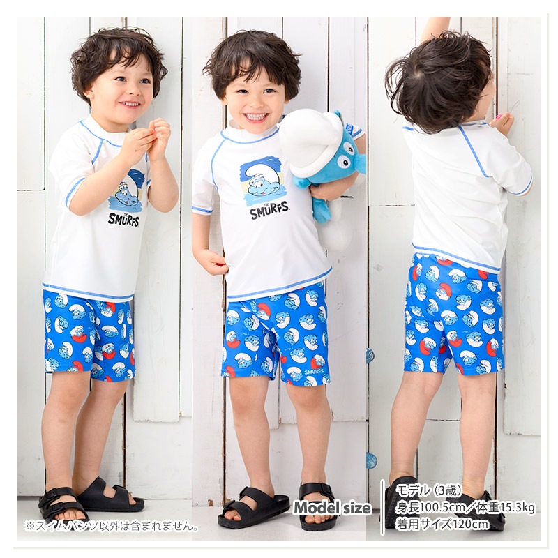 子供 水着 男の子 キッズ スマーフ ラッシュガード 半袖 UV加工 UPF50＋ ( 100-130cm )【 SMURFS 】 こども 子供用 スイムウェア UVカット アニメ キャラクター プール レジャー 海水浴 夏 100cm 110cm 120cm 130cm 