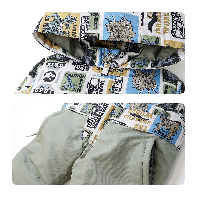 キッズ ベビー ジャンプスーツ 男の子 中綿入り 防寒 保温 撥水加工 ( 80-120cm )【 GrinLab グリンラボ 】 フード アウター ジャケット スノーウェア スキーウェア スノーコンビ つなぎ 雪遊び 外遊び 冬 恐竜 ダイナソー 女の子 80cm 90cm 95cm 100cm 110cm 120cm