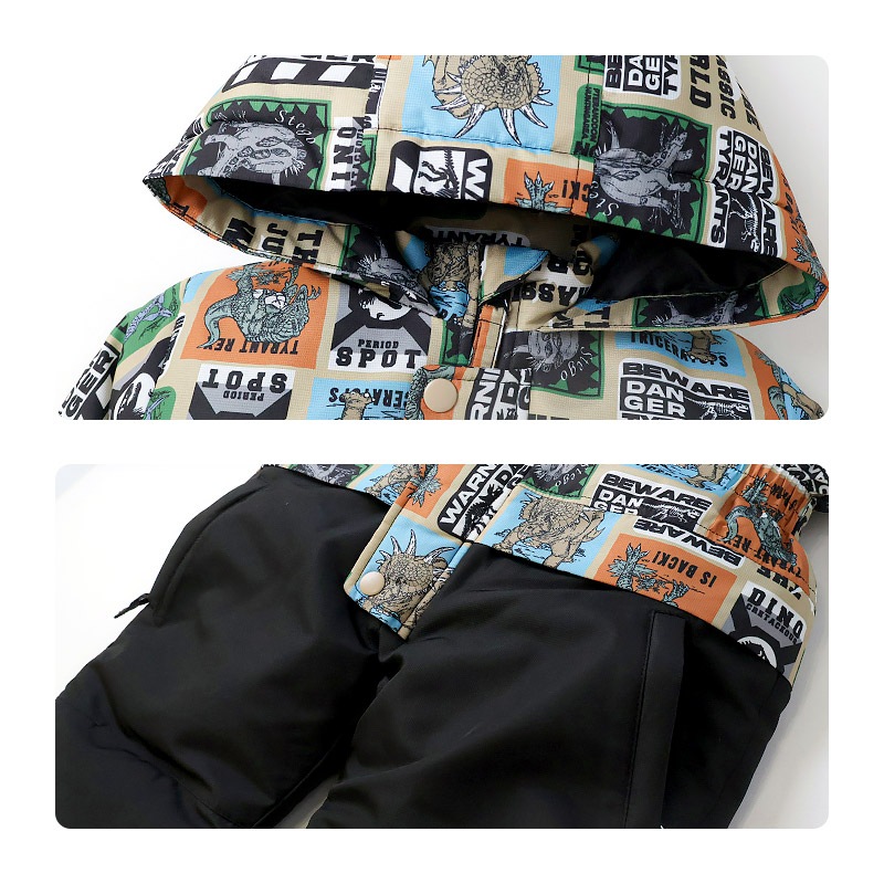 キッズ ベビー ジャンプスーツ 男の子 中綿入り 防寒 保温 撥水加工 ( 80-120cm )【 GrinLab グリンラボ 】 フード アウター ジャケット スノーウェア スキーウェア スノーコンビ つなぎ 雪遊び 外遊び 冬 恐竜 ダイナソー 女の子 80cm 90cm 95cm 100cm 110cm 120cm